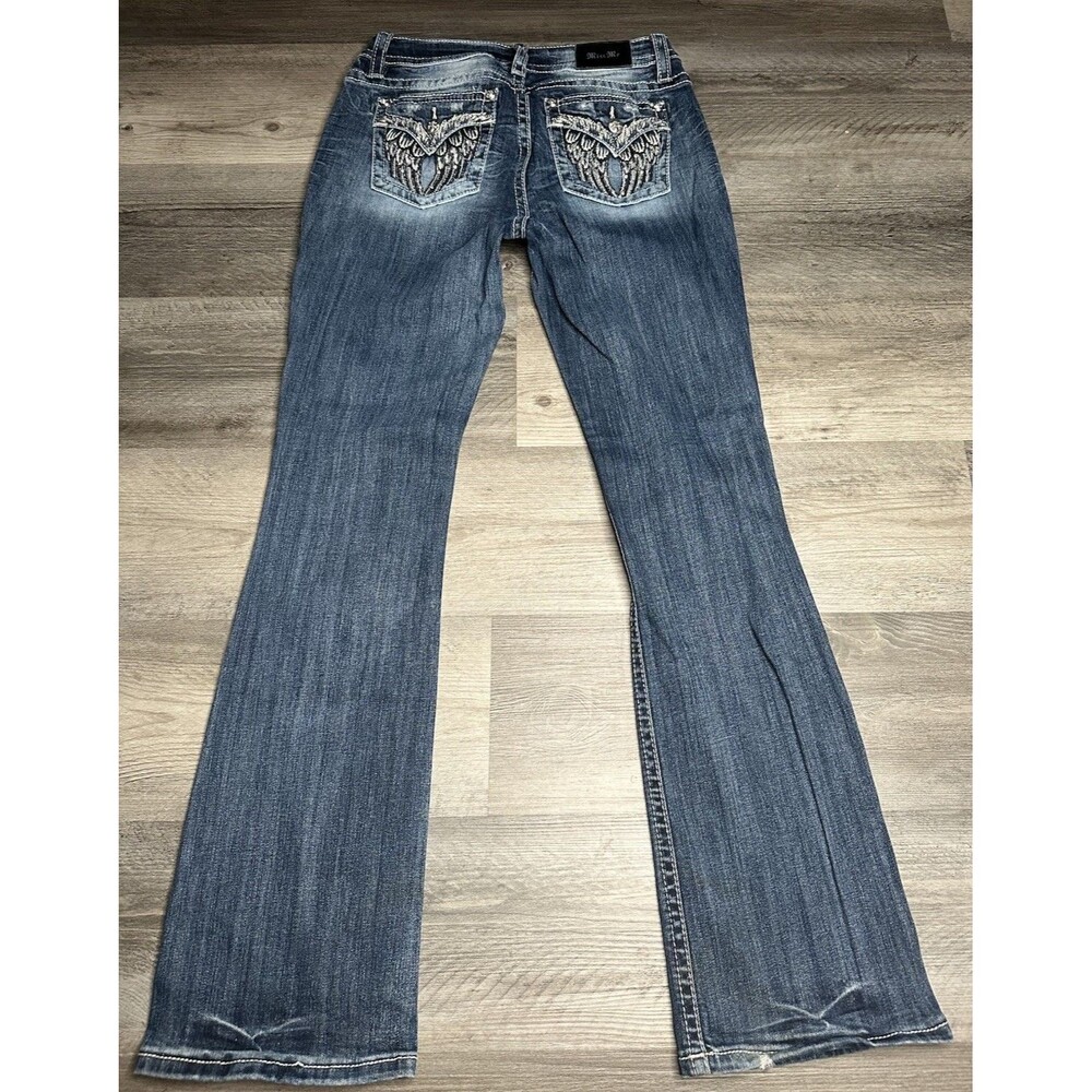 Miss Me Mid Rise Bootcut Jeans Size 29 Angel Wing Embellished Bling Blue 29
